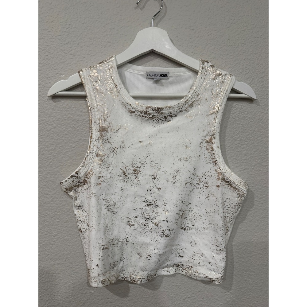Fashion Nova Womens White Gold Metallic Foil Ribbed Crop Top Tank Large